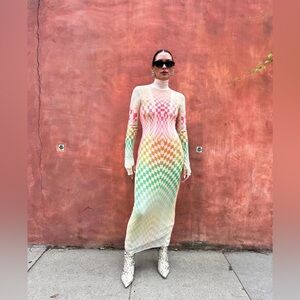 AFRM Shailene Midi Dress Mesh Rainbow Checker Print Long Sleeve Bodycon Size M